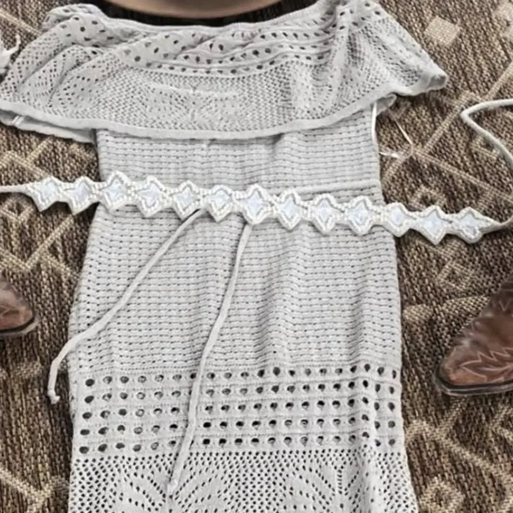Beaded Star Adjustable Belt or Hat Band Ivory White